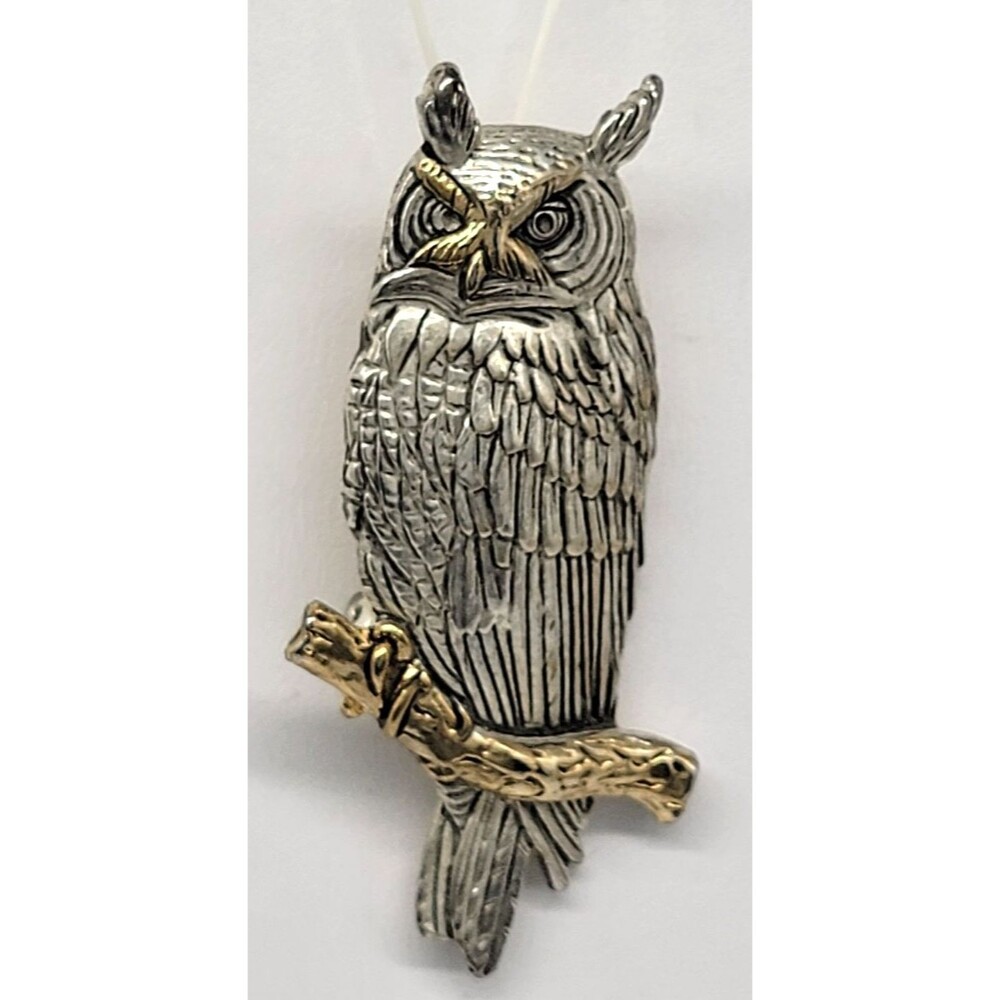 Owl Bird Brooch Pendant Silver & Gold Tone Metal Perched on Branch Signed MJ Vtg